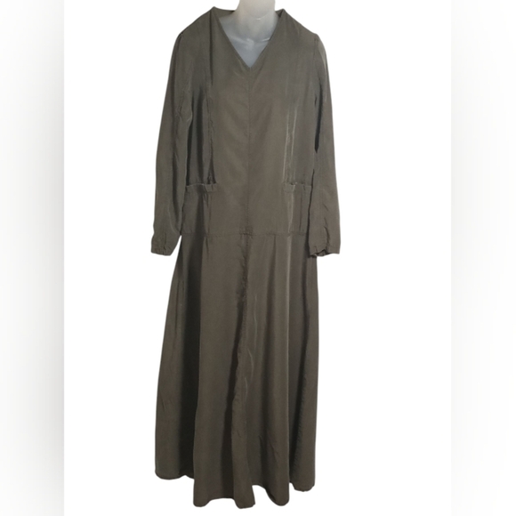 Shukr Olive Green Lyocell Maxi Dress Long Sleeve Modest Pocket V-Neck Medium - Picture 1 of 7